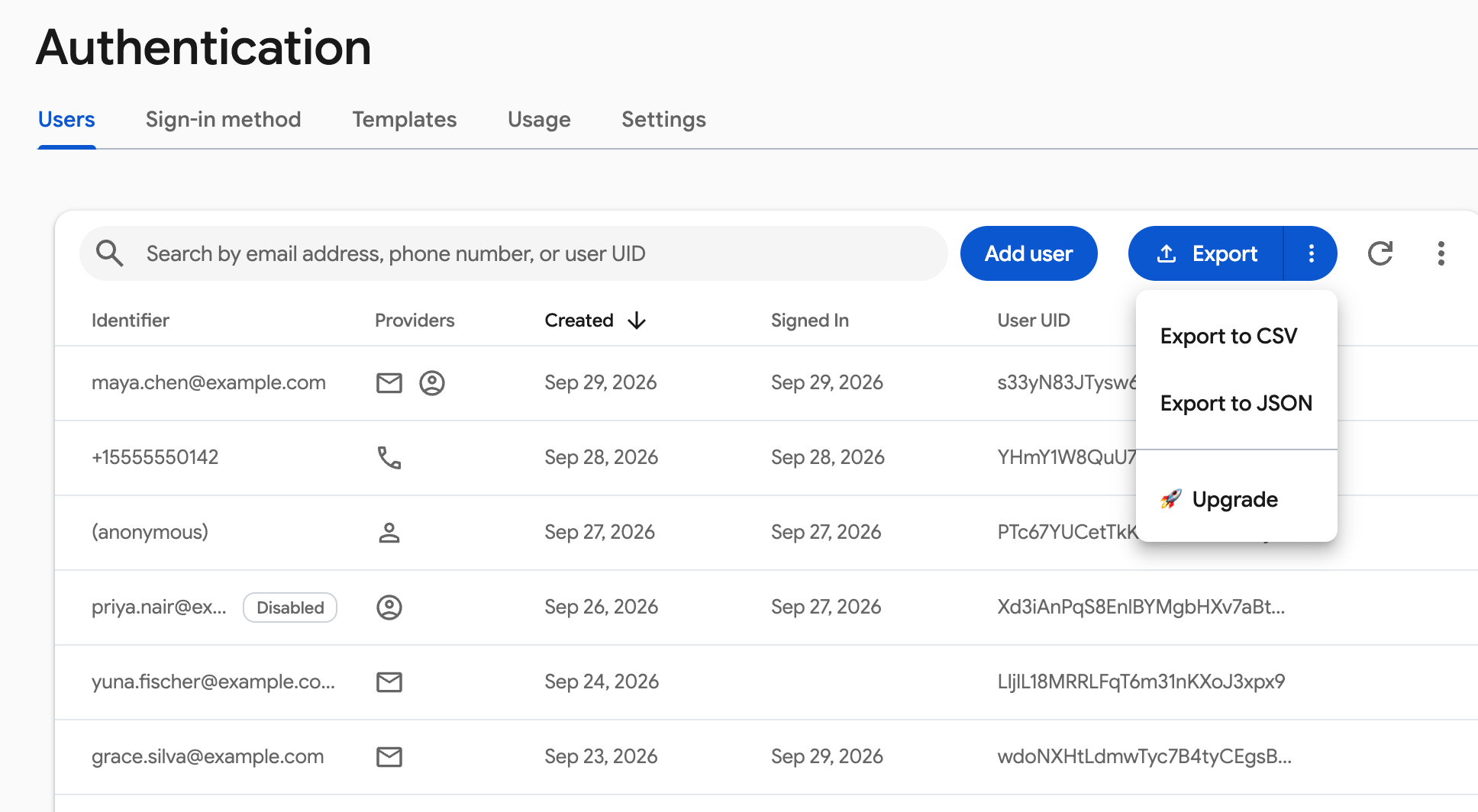 The Users tab of Firebase Authentication, with the Export button Firexport adds next to Add user and its menu open